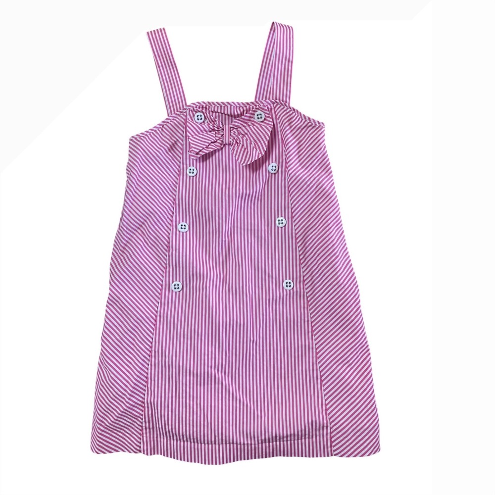Janie and Jack Girls Pink White Striped Seersucker Bow Dress Size 4 Cotton